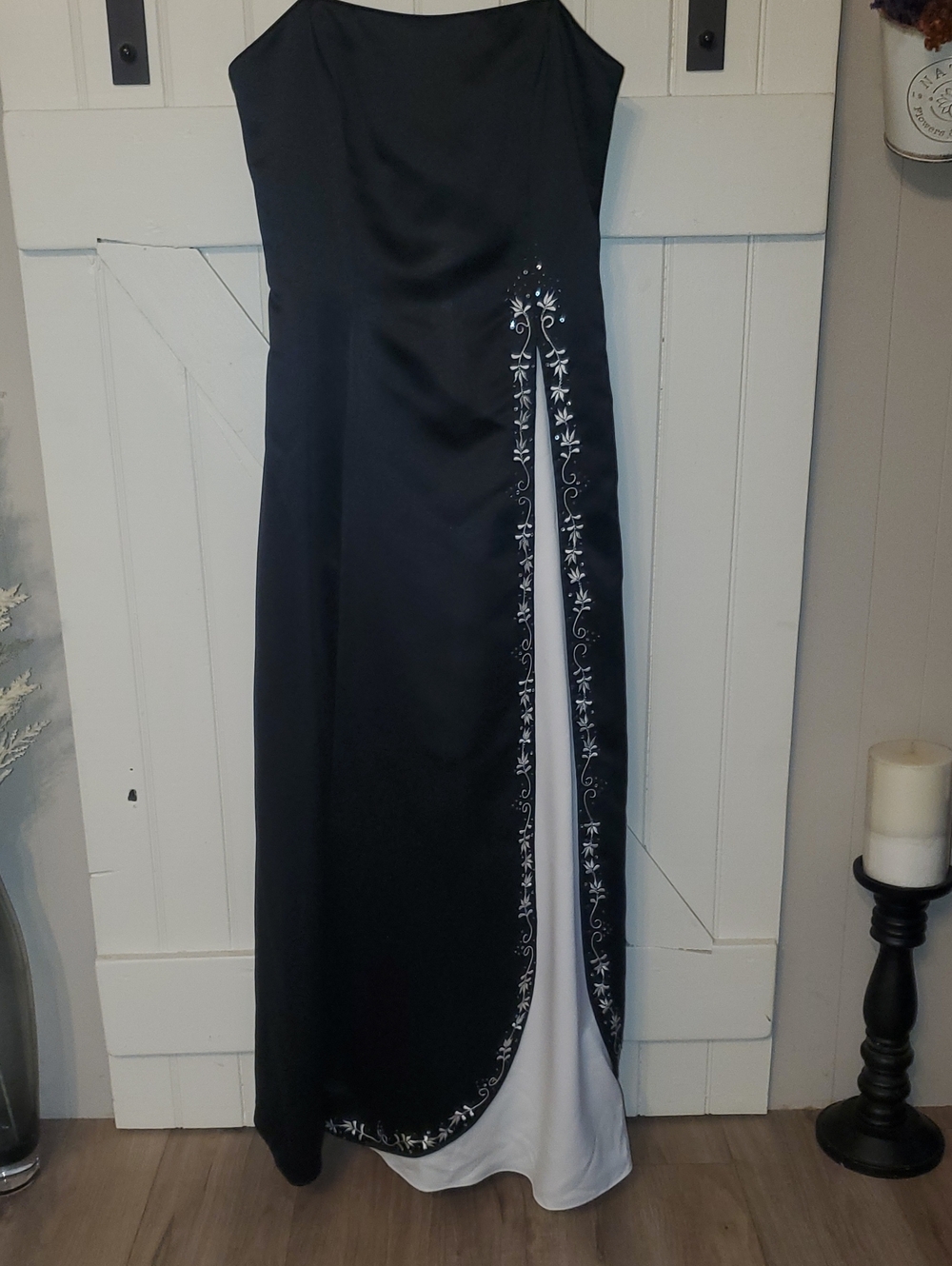 Black Evening Gown with White Embroidered Accent